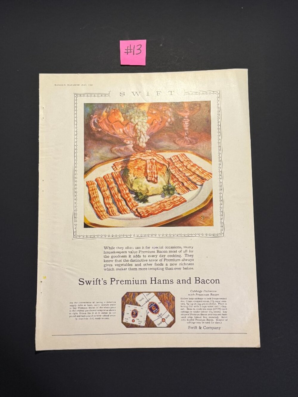 Antique Swifts Premium Hams & Bacon Advert McCalls May 1928 Magazine (AD013)
